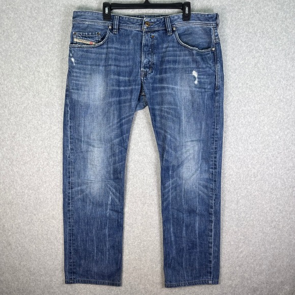 Diesel Jeans Mens 39x30 Blue Denim Safado Distressed Straight Leg Button Fly USA - Picture 1 of 15